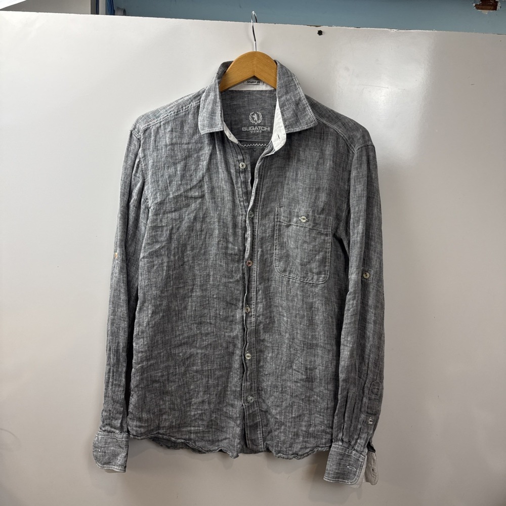 Bugatchi Uomo Sz M Grey 100% Linen Shirt Long Sleeve Shaped Fit Vacation Fit